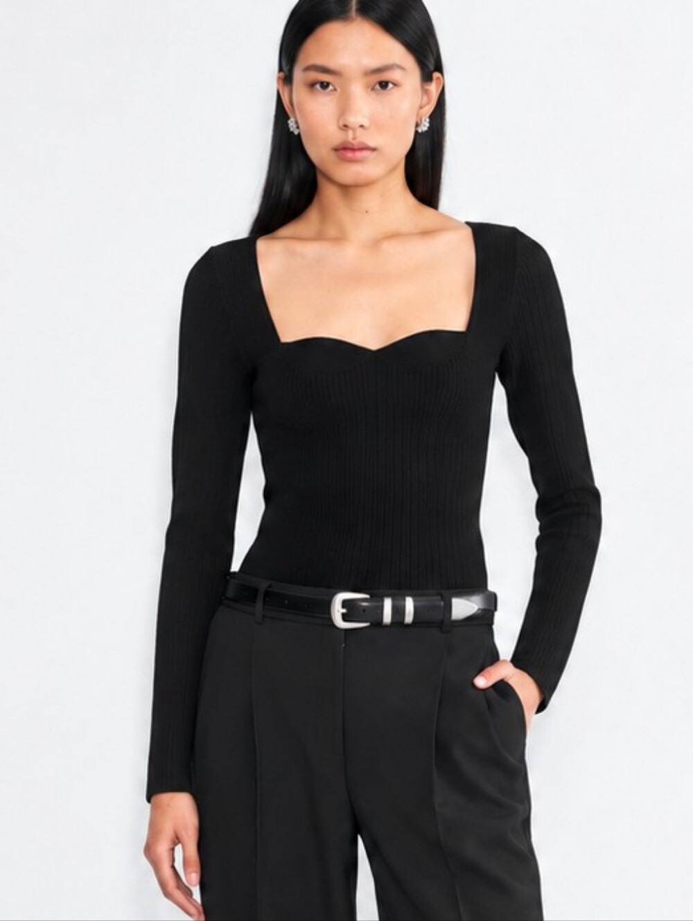 Babaton Sculpt Knit Sweetheart Longsleeve Top Black Ribbed Fitted Medium